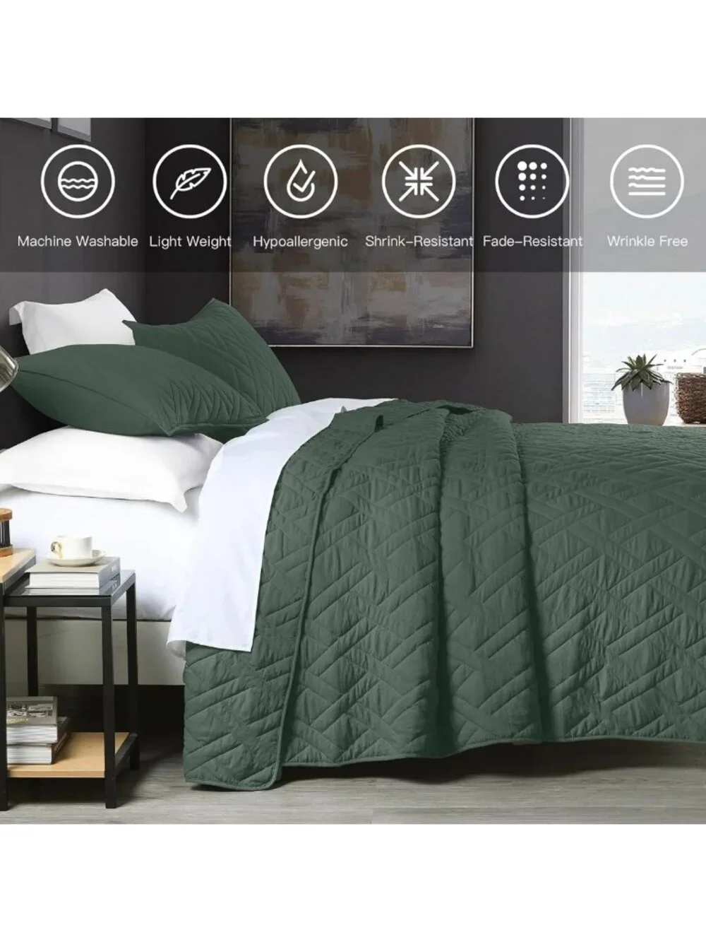 King Size Dark Green Quilt Set - Classic Geometric Pattern, Soft Microfiber